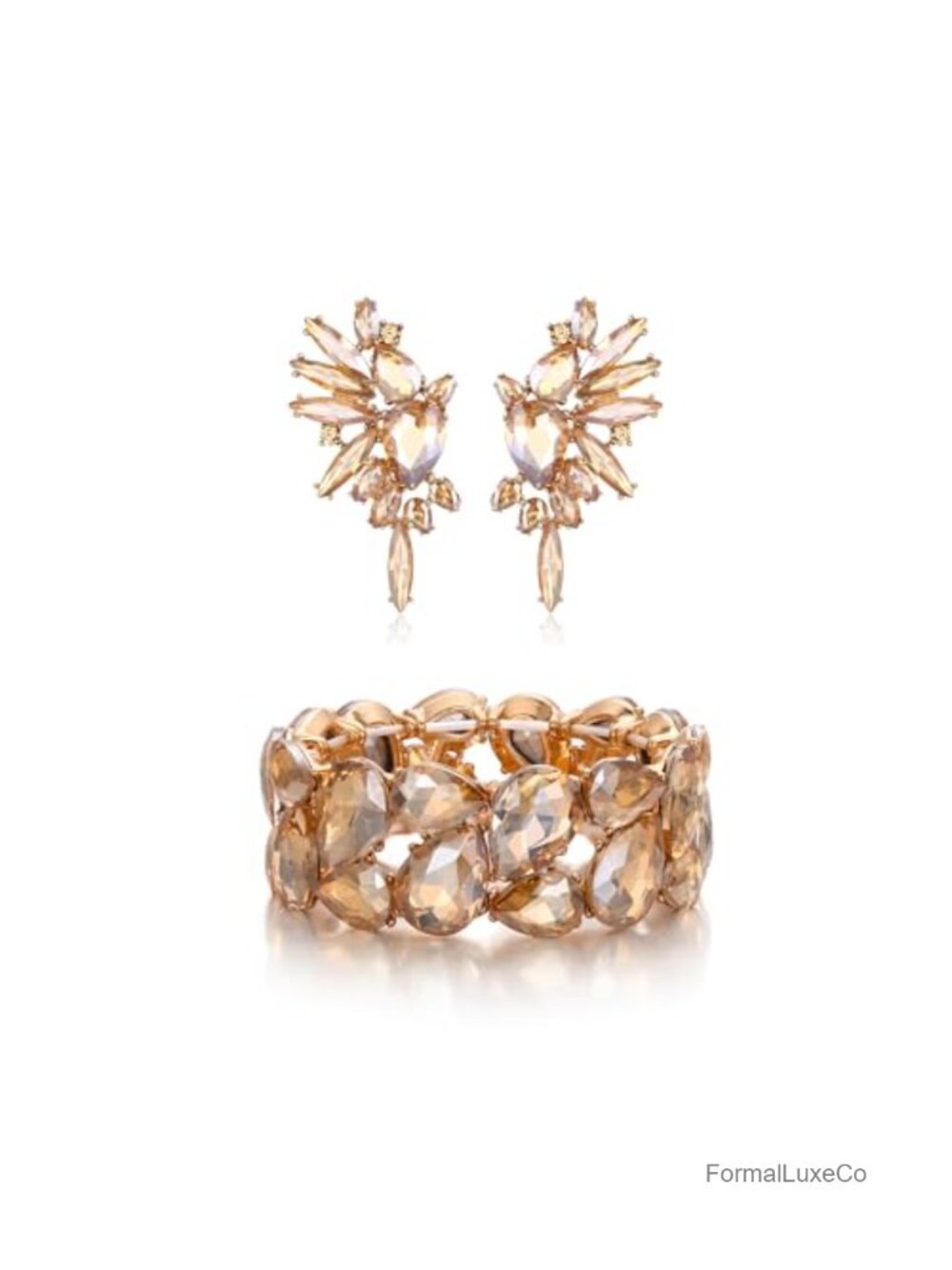 Austrian Crystal Stretch Bracelet & Stud Earrings Set, Art Deco Bridal Jewelry